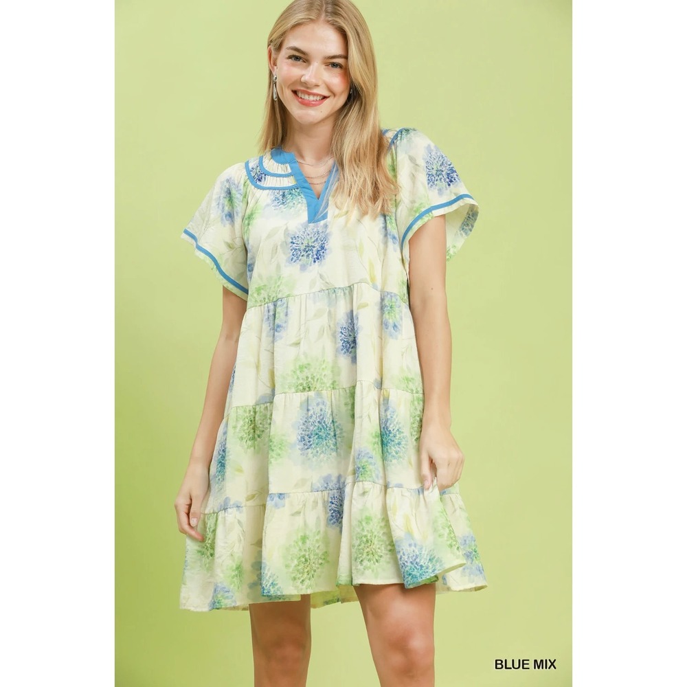 Umgee Floral Print Contrast Trim Tiered Babydoll Dress - Blue Mix - Medium